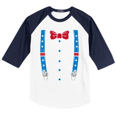 US Flag Suspenders Bow Tie Boy 4th Of July Kids Baseball Sleeve Shirt