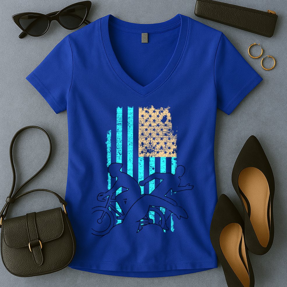 Usa Flag Triathlon Great Gift Swim Bike Run Women's V-Neck T-Shirt