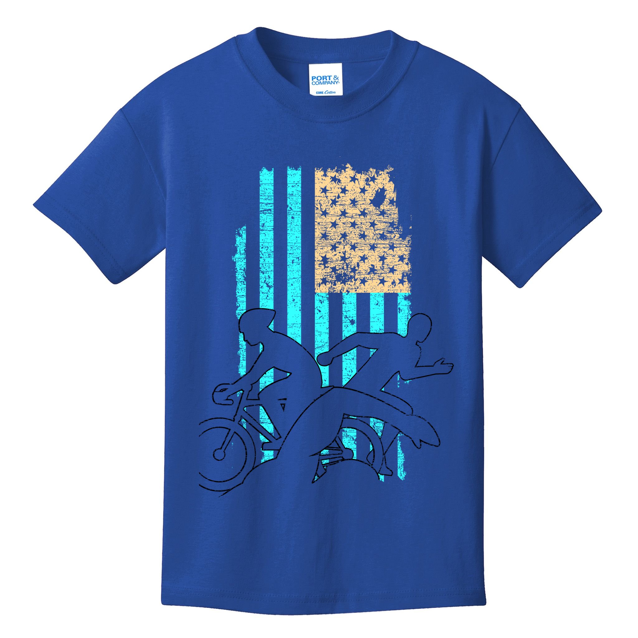 Usa Flag Triathlon Great Gift Swim Bike Run Kids T-Shirt