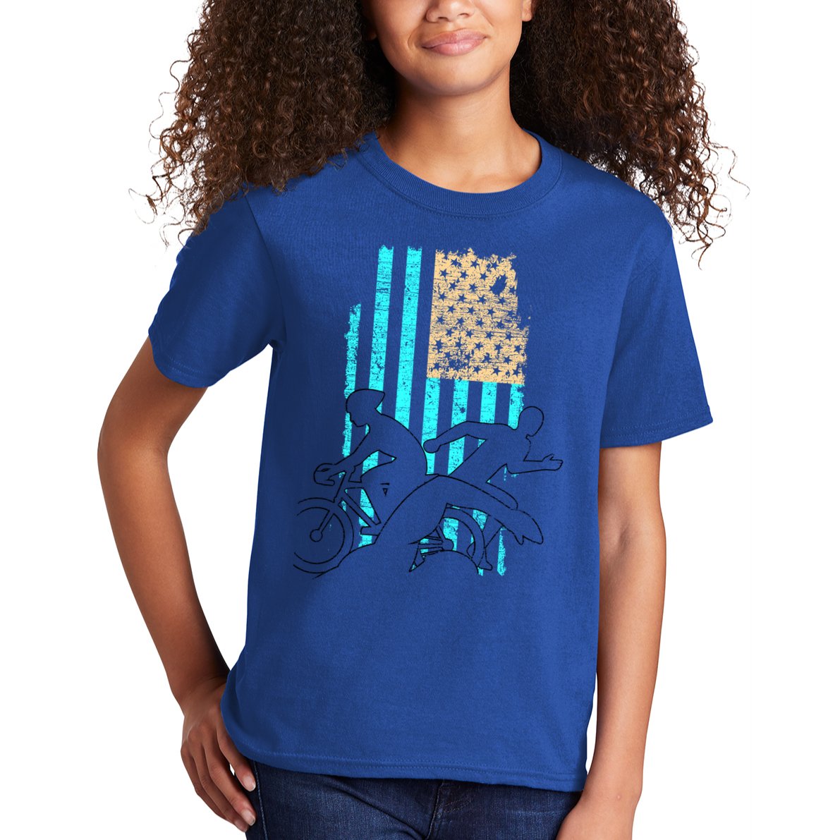 Usa Flag Triathlon Great Gift Swim Bike Run Kids T-Shirt