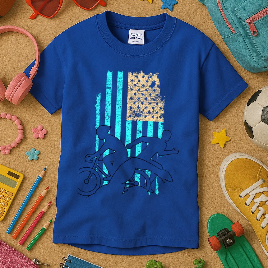 Usa Flag Triathlon Great Gift Swim Bike Run Kids T-Shirt