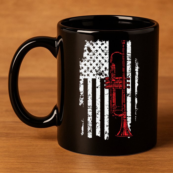 USA Flag Thin Red Line Jazz Music Gifts Trumpet 11oz C Handle Ceramic Mug