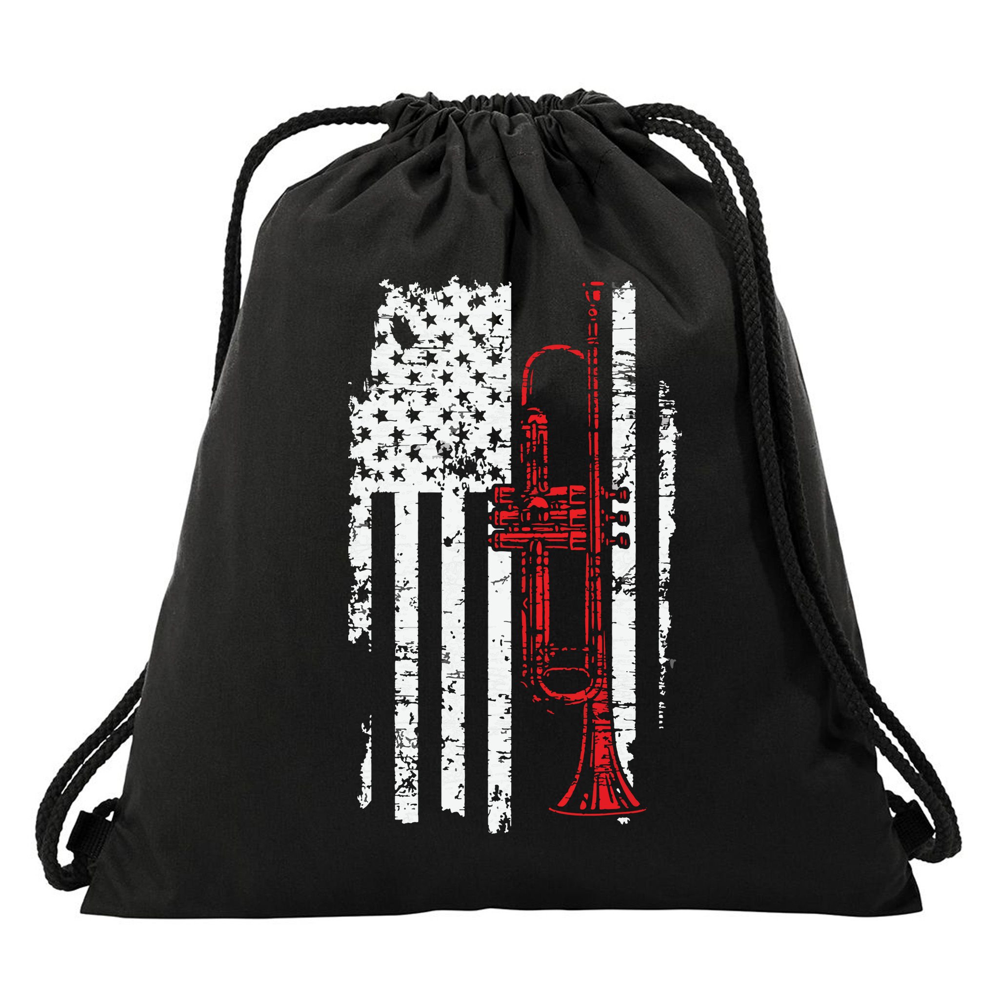 USA Flag Thin Red Line Jazz Music Gifts Trumpet Drawstring Bag