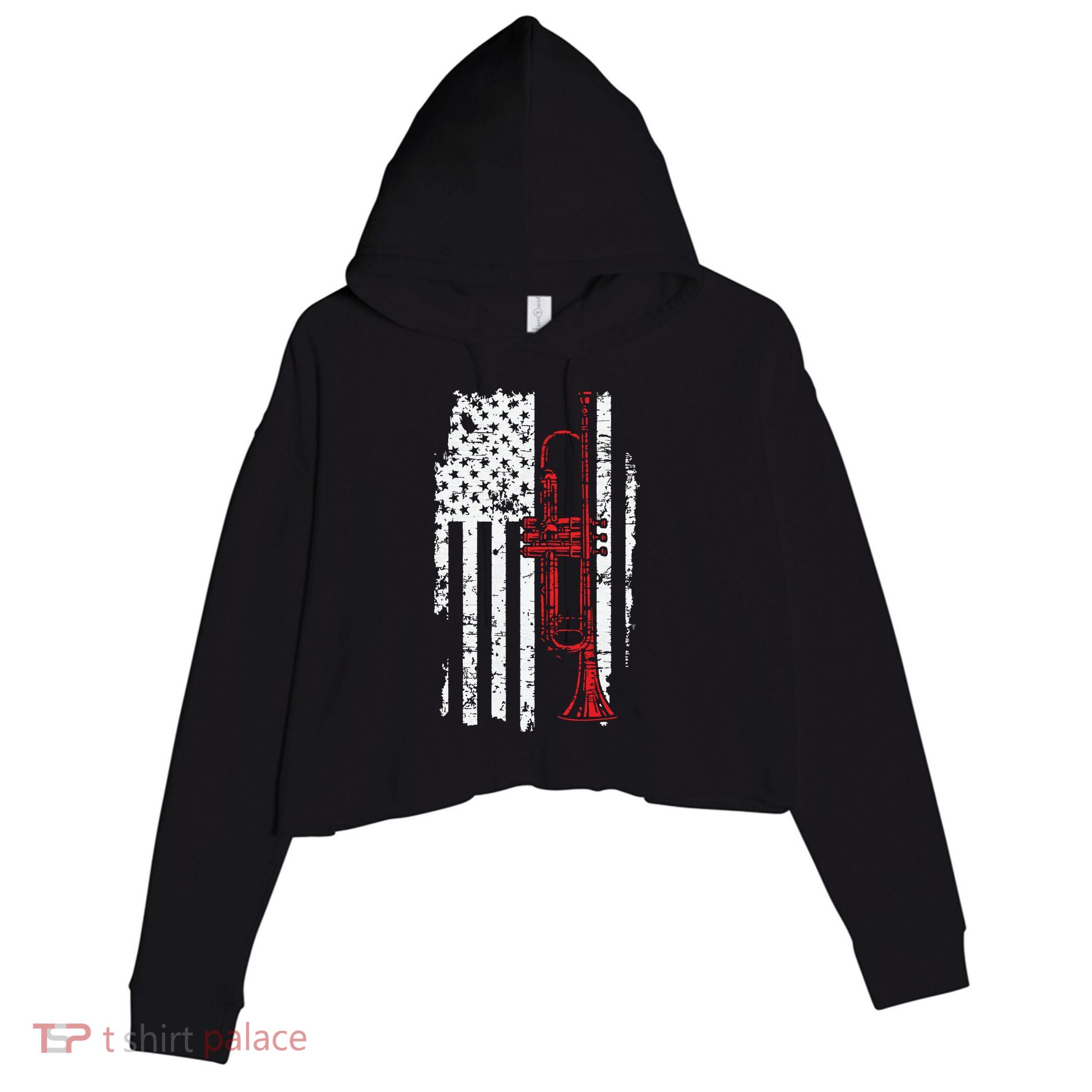 USA Flag Thin Red Line Jazz Music Gifts Trumpet Crop Fleece Hoodie