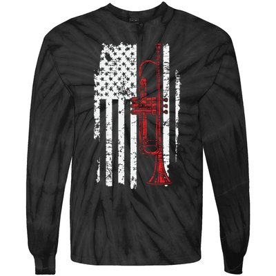 USA Flag Thin Red Line Jazz Music Gifts Trumpet Tie-Dye Long Sleeve Shirt