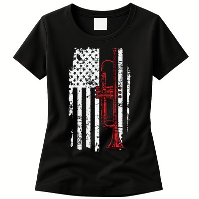 USA Flag Thin Red Line Jazz Music Gifts Trumpet Womens T-Shirt