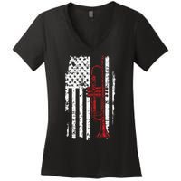 USA Flag Thin Red Line Jazz Music Gifts Trumpet Women's V-Neck T-Shirt