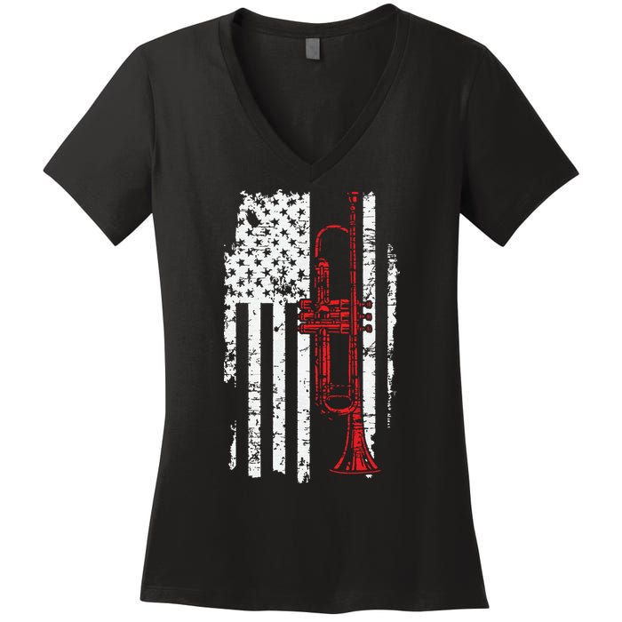 USA Flag Thin Red Line Jazz Music Gifts Trumpet Women's V-Neck T-Shirt