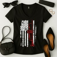 USA Flag Thin Red Line Jazz Music Gifts Trumpet Women's V-Neck T-Shirt