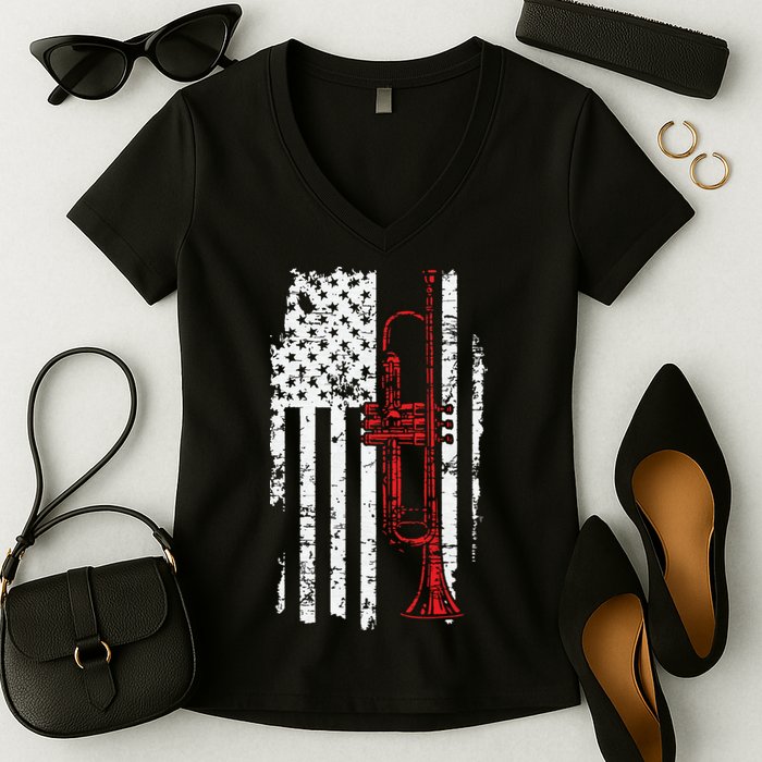 USA Flag Thin Red Line Jazz Music Gifts Trumpet Women's V-Neck T-Shirt