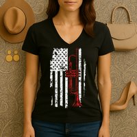 USA Flag Thin Red Line Jazz Music Gifts Trumpet Women's V-Neck T-Shirt