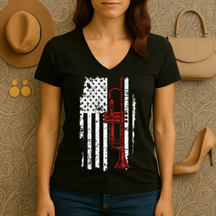 USA Flag Thin Red Line Jazz Music Gifts Trumpet Women's V-Neck T-Shirt