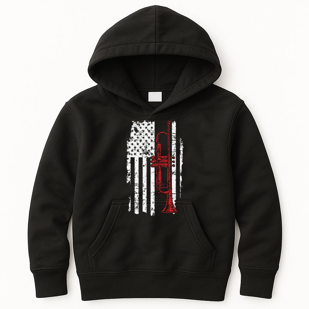 USA Flag Thin Red Line Jazz Music Gifts Trumpet Kids Hoodie