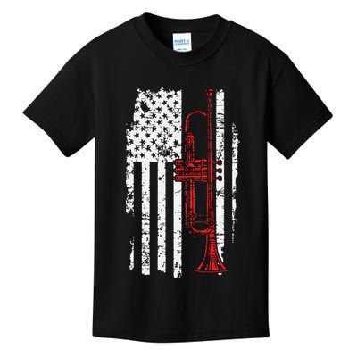 USA Flag Thin Red Line Jazz Music Gifts Trumpet Kids T-Shirt