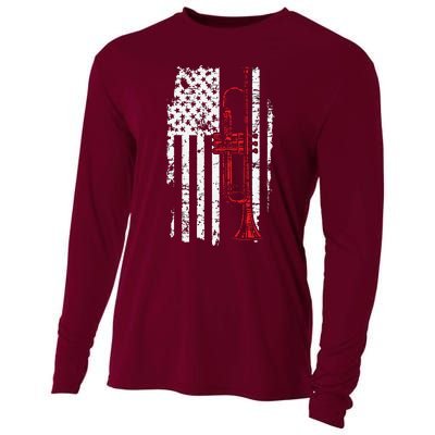 USA Flag Thin Red Line Jazz Music Gifts Trumpet Cooling Performance Long Sleeve Crew