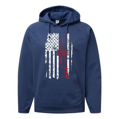 USA Flag Thin Red Line Jazz Music Gifts Trumpet Performance Fleece Hoodie