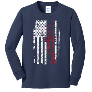 USA Flag Thin Red Line Jazz Music Gifts Trumpet Kids Long Sleeve Shirt