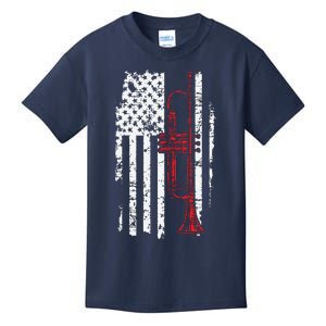 USA Flag Thin Red Line Jazz Music Gifts Trumpet Kids T-Shirt