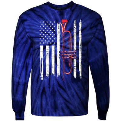 USA Flag Trumpet Jazz Musical Instrument Player Tie-Dye Long Sleeve Shirt