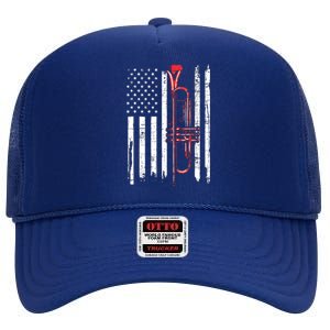 USA Flag Trumpet Jazz Musical Instrument Player High Crown Mesh Back Trucker Hat