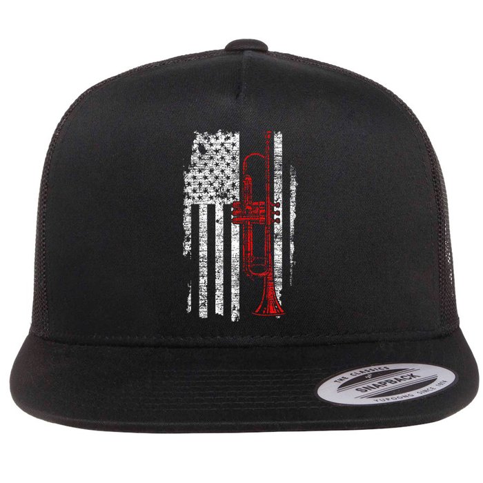 Usa Flag Thin Red Line Jazz Music Gifts Trumpet Flat Bill Trucker Hat