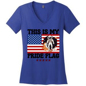 Usa Flag This Is My Pride Flag 2024 Astronaut 4th Of July Gift Women's V-Neck T-Shirt