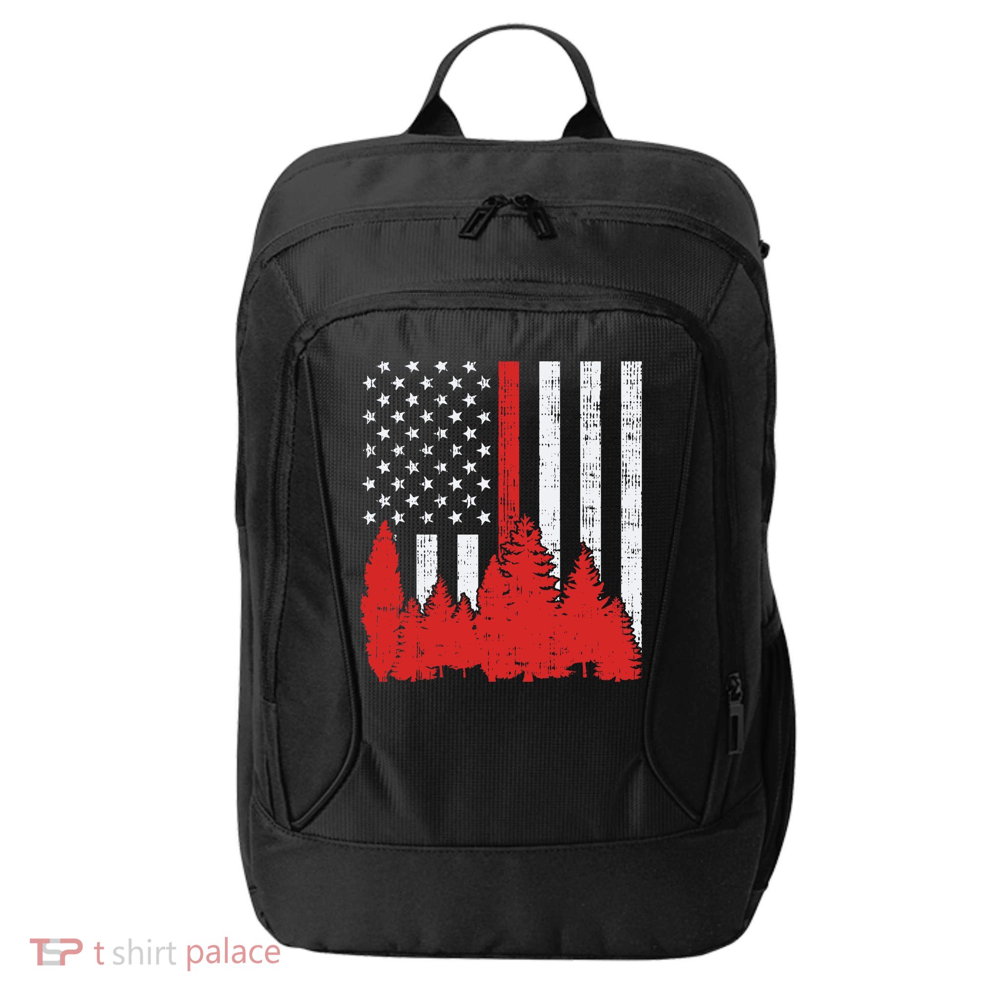 USA Flag Thin Red Line Forest Fire Wildland Firefighter Gift City Backpack