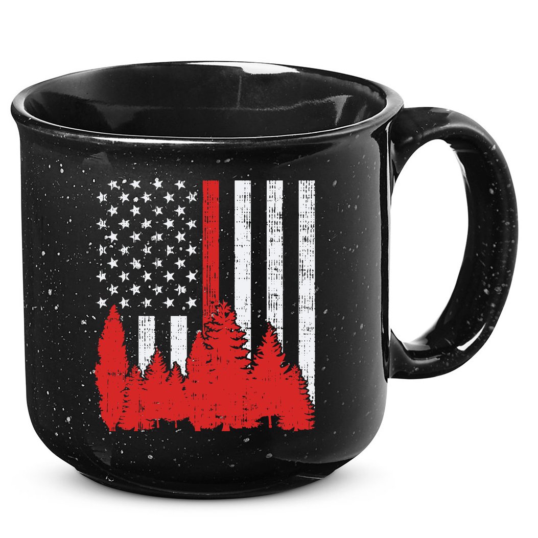 USA Flag Thin Red Line Forest Fire Wildland Firefighter Gift 15oz Campfire Ceramic Mug