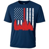 USA Flag Thin Red Line Forest Fire Wildland Firefighter Gift Cooling Performance Crew T-Shirt