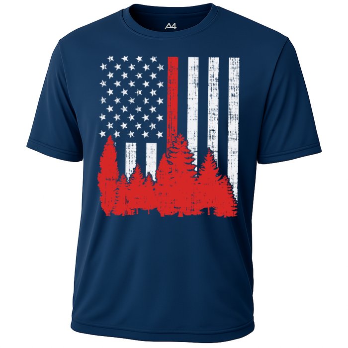 USA Flag Thin Red Line Forest Fire Wildland Firefighter Gift Cooling Performance Crew T-Shirt