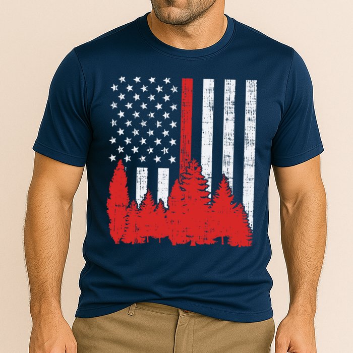 USA Flag Thin Red Line Forest Fire Wildland Firefighter Gift Cooling Performance Crew T-Shirt
