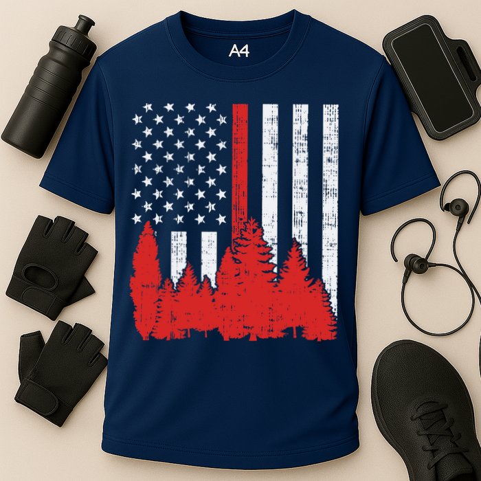 USA Flag Thin Red Line Forest Fire Wildland Firefighter Gift Cooling Performance Crew T-Shirt