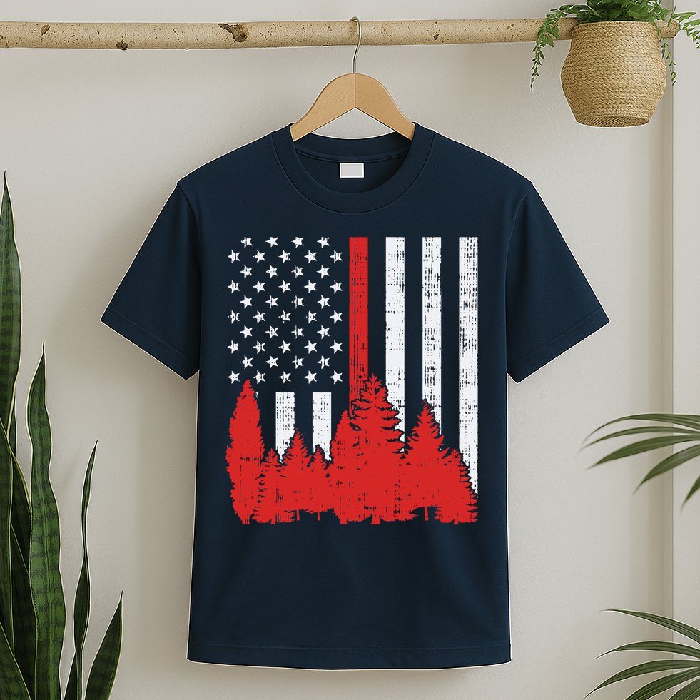 USA Flag Thin Red Line Forest Fire Wildland Firefighter Gift T-Shirt