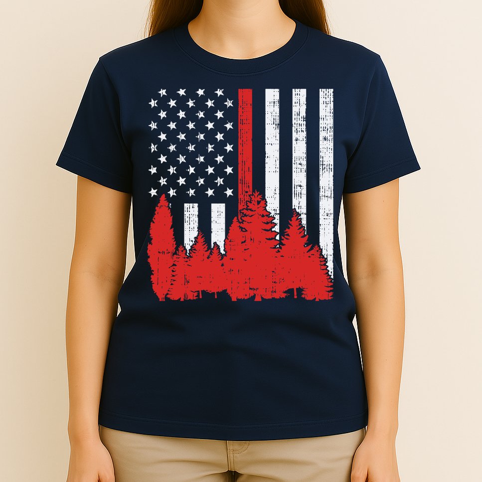 USA Flag Thin Red Line Forest Fire Wildland Firefighter Gift T-Shirt