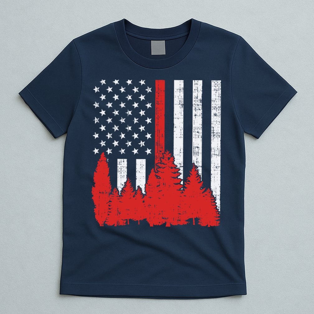 USA Flag Thin Red Line Forest Fire Wildland Firefighter Gift T-Shirt