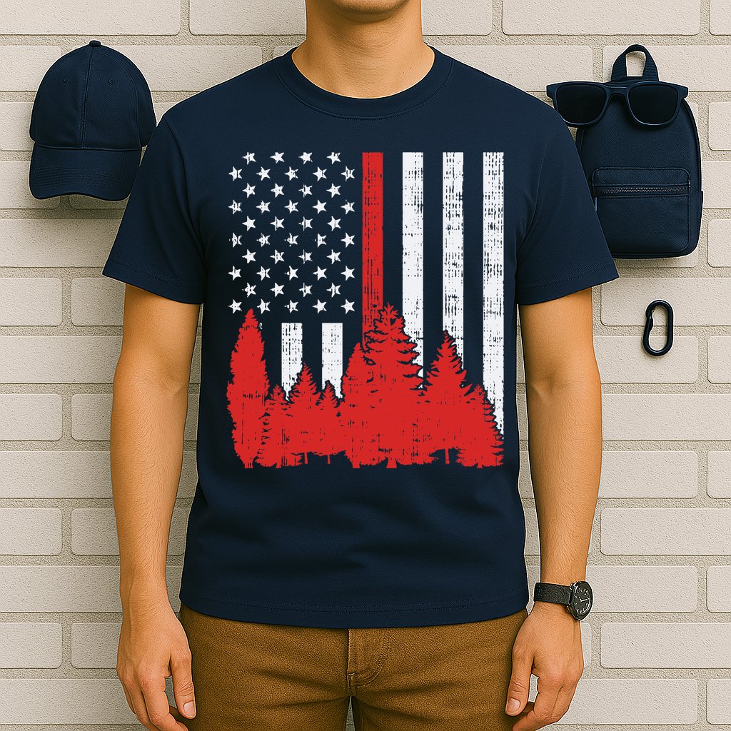 USA Flag Thin Red Line Forest Fire Wildland Firefighter Gift T-Shirt