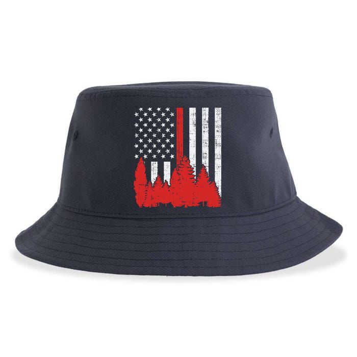USA Flag Thin Red Line Forest Fire Wildland Firefighter Gift Sustainable Bucket Hat