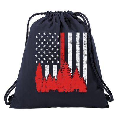 USA Flag Thin Red Line Forest Fire Wildland Firefighter Gift Drawstring Bag