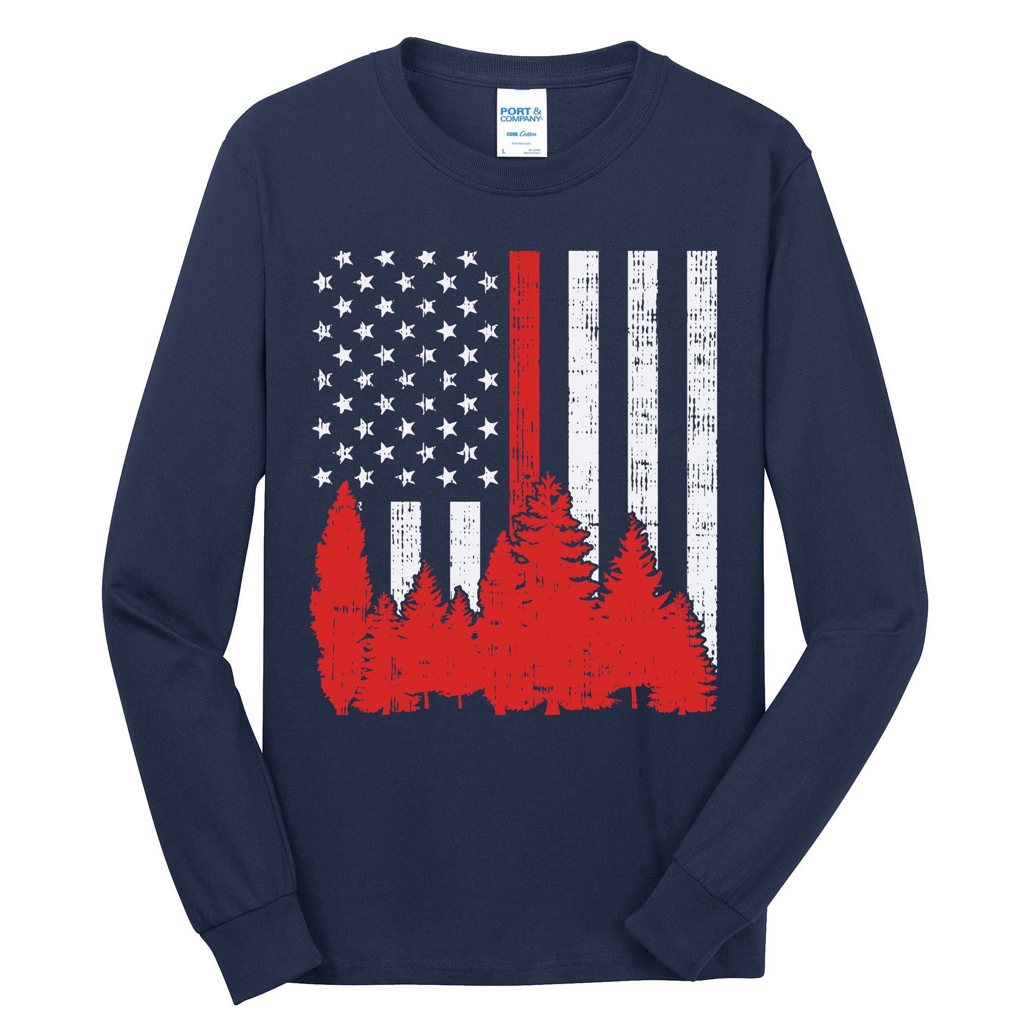 USA Flag Thin Red Line Forest Fire Wildland Firefighter Gift Tall Long Sleeve T-Shirt