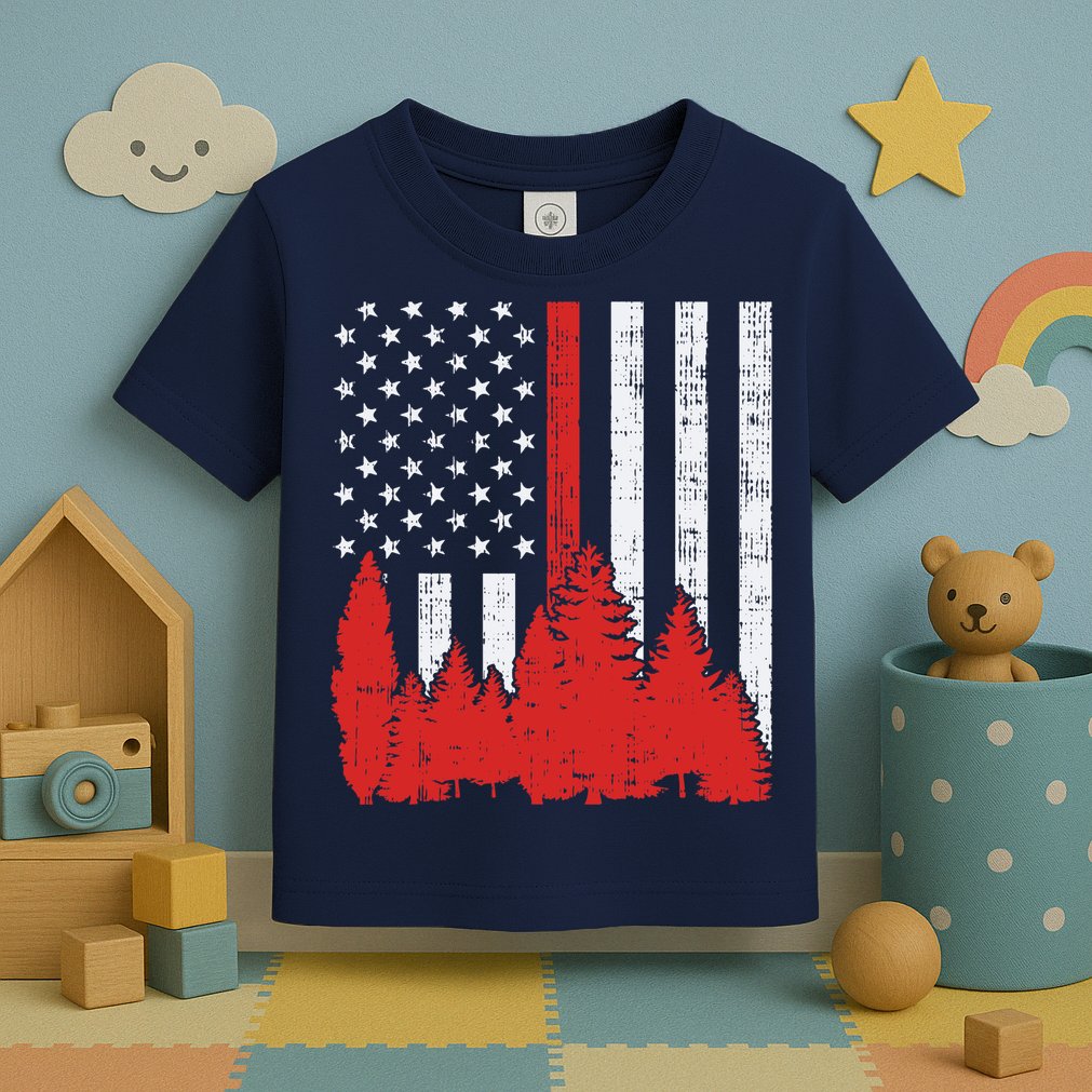 USA Flag Thin Red Line Forest Fire Wildland Firefighter Gift Toddler T-Shirt