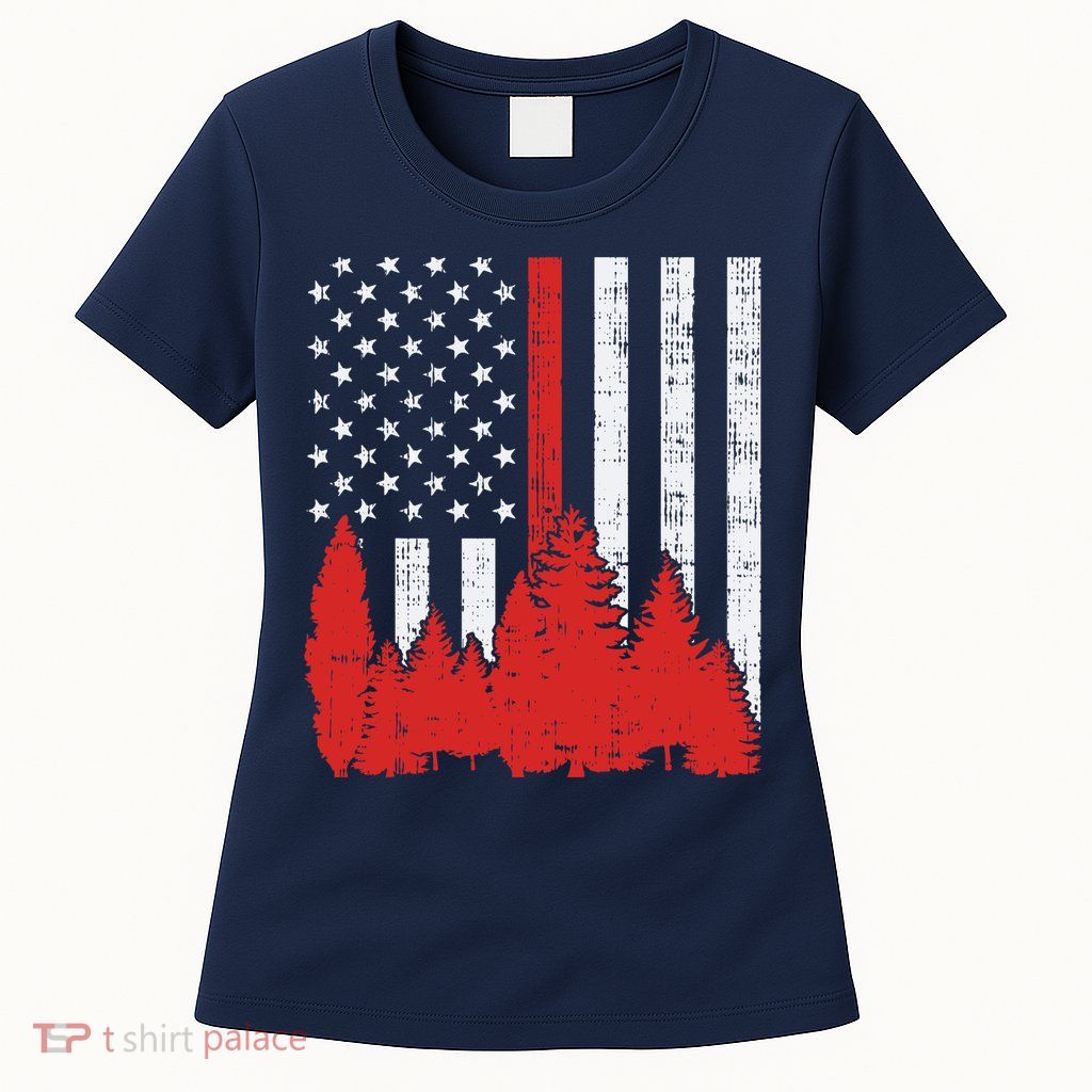 USA Flag Thin Red Line Forest Fire Wildland Firefighter Gift Womens T-Shirt