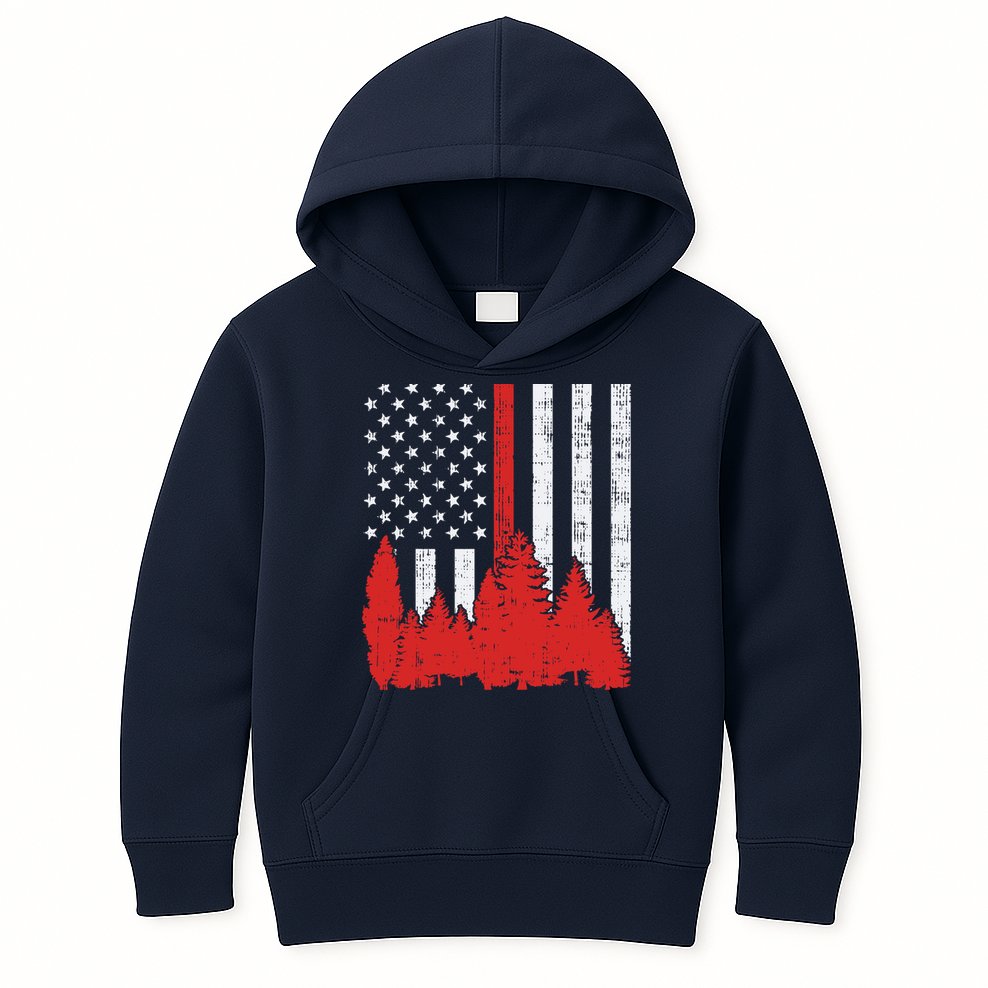USA Flag Thin Red Line Forest Fire Wildland Firefighter Gift Kids Hoodie