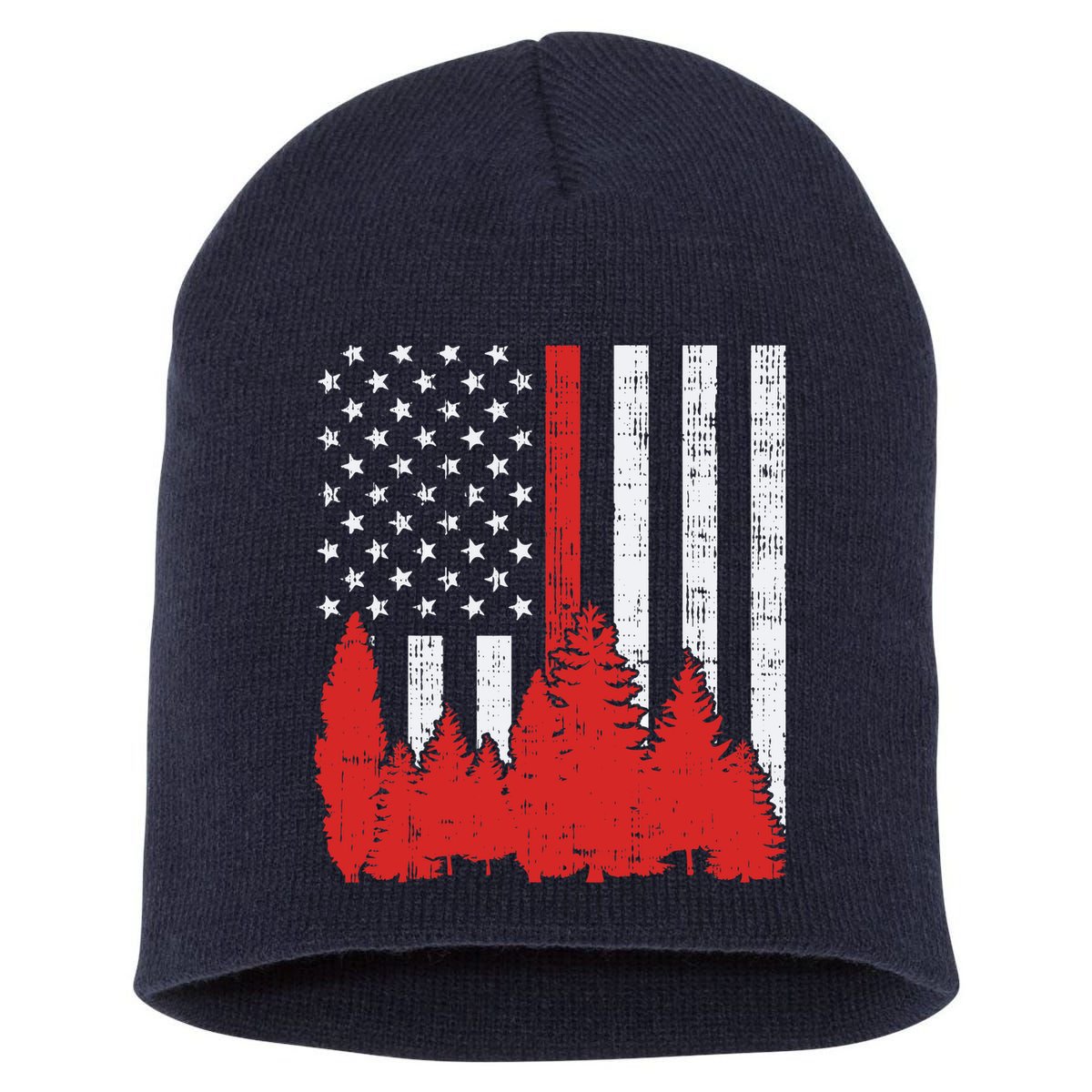 USA Flag Thin Red Line Forest Fire Wildland Firefighter Gift Short Acrylic Beanie