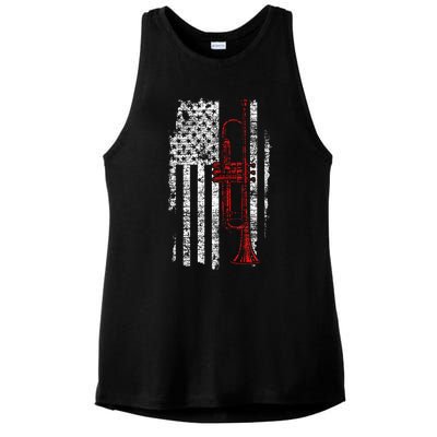 USA Flag Thin Red Line Jazz Music Gifts Trumpet Ladies PosiCharge Tri-Blend Wicking Tank