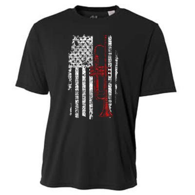 USA Flag Thin Red Line Jazz Music Gifts Trumpet Cooling Performance Crew T-Shirt