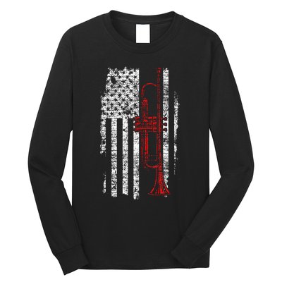 USA Flag Thin Red Line Jazz Music Gifts Trumpet Long Sleeve Shirt