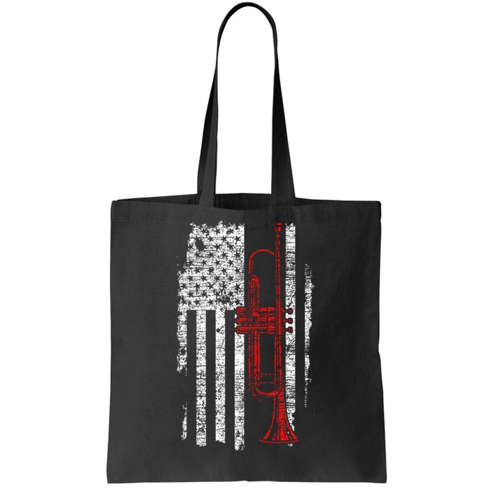 USA Flag Thin Red Line Jazz Music Gifts Trumpet Tote Bag