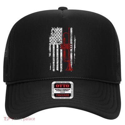 Usa Flag Thin Red Line Jazz Music Gifts Trumpet High Crown Mesh Back Trucker Hat