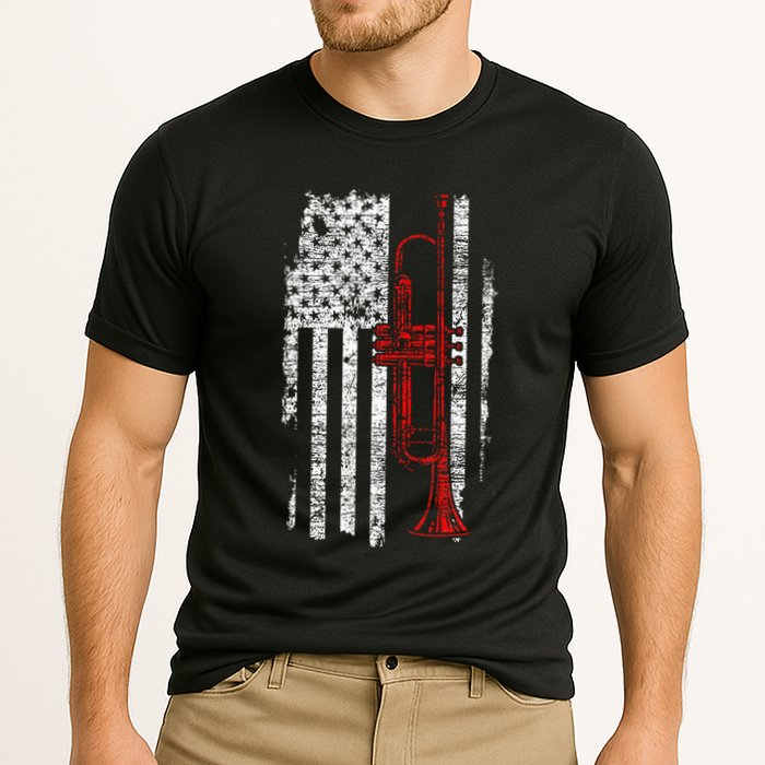 Usa Flag Thin Red Line Jazz Music Gifts Trumpet Cooling Performance Crew T-Shirt