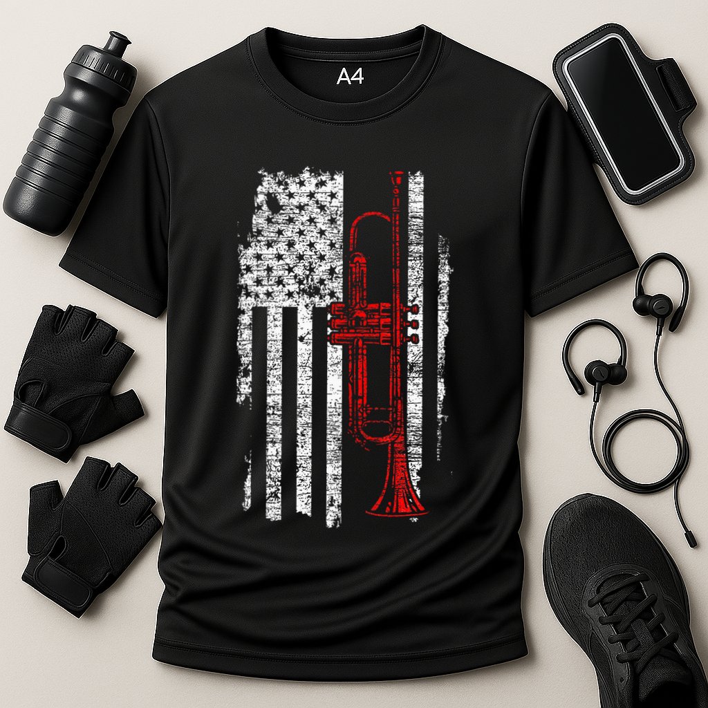 Usa Flag Thin Red Line Jazz Music Gifts Trumpet Cooling Performance Crew T-Shirt